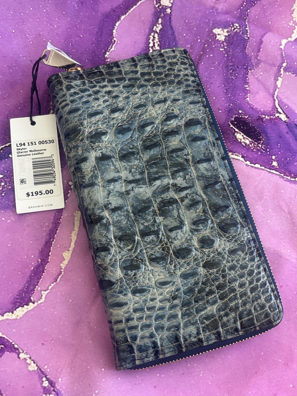 Brahmin Leather Blue-Gray (Glacier) Croc-Embossed Zip Wallet